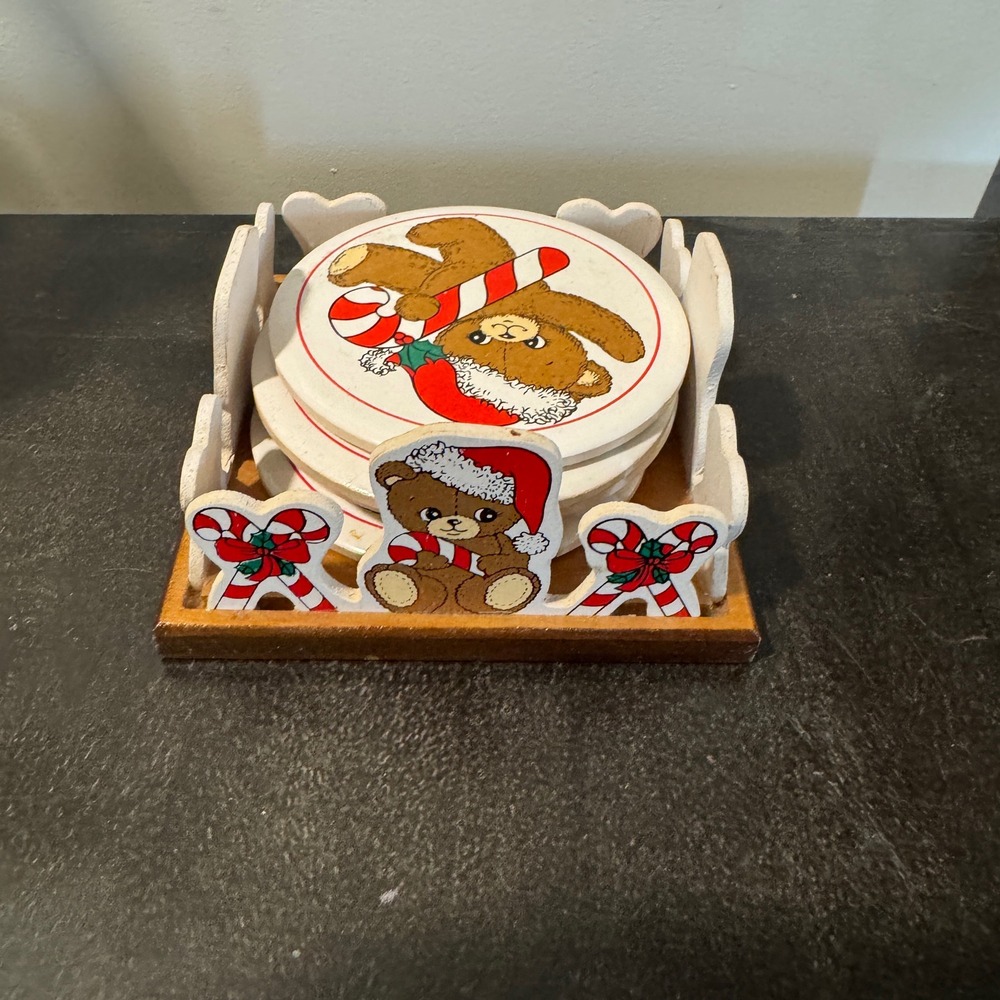 Vintage 1988 House of Lloyd Christmas Teddy Bear Coaster Set with Wood Caddy 5pc